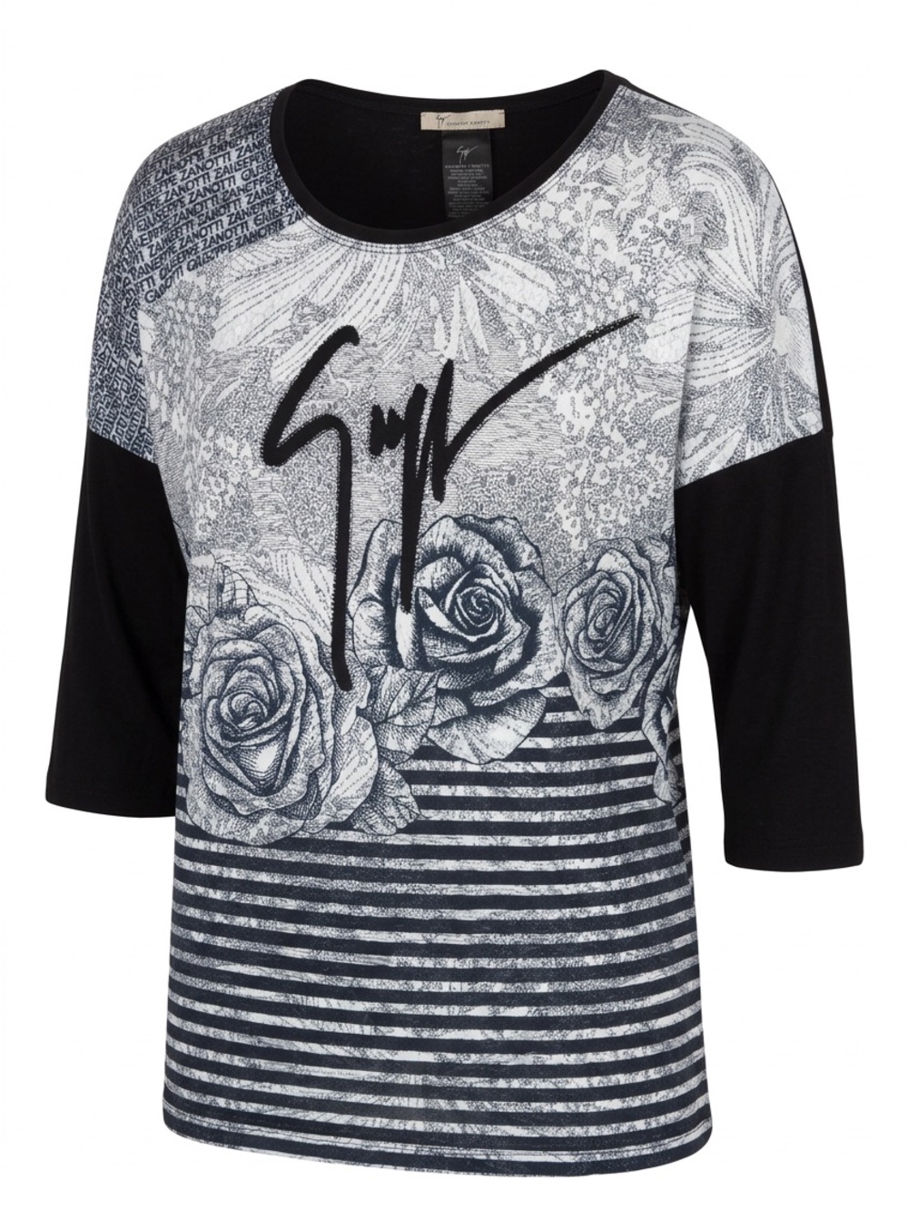 Title: AZRA Women’s XXL Black & Gray Rose Graphic Striped 3/4 Sleeve Top